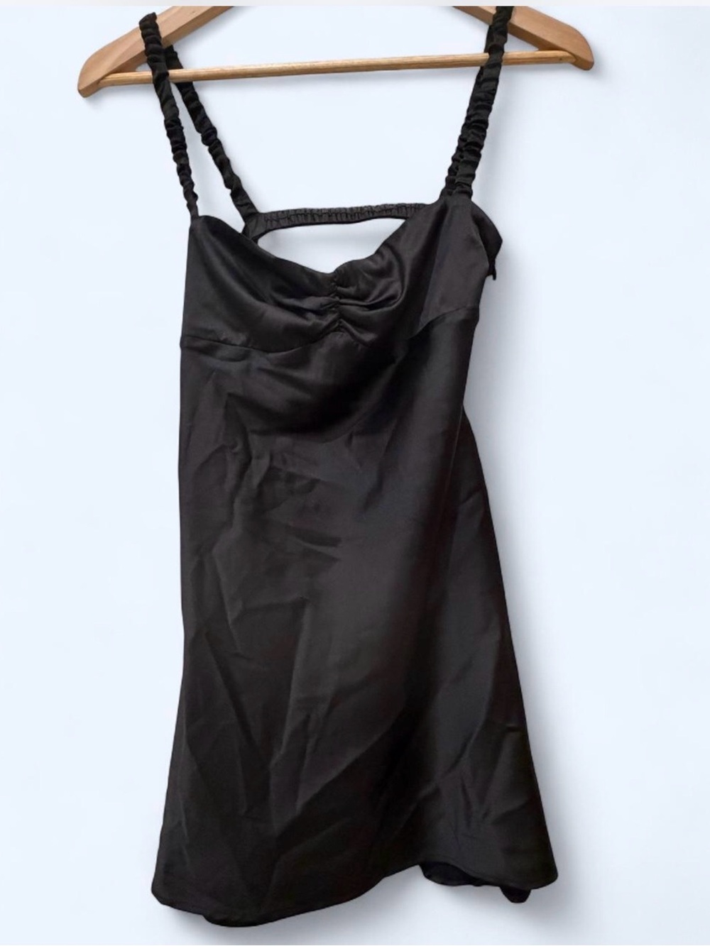 Lucy in the Sky Black Satin Mini Dress with Ruched Straps NEW